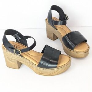 Born Full Grain Leather Platform Sandal Block Heel Sz 9 Black Ankle Strap Padded